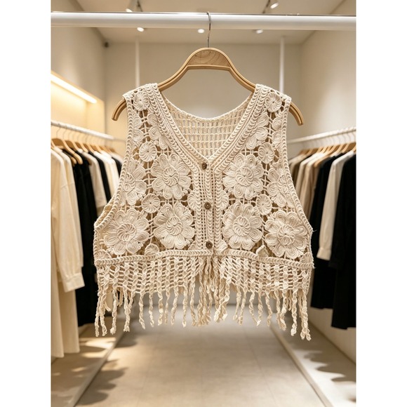 Unbranded Jackets & Blazers - Unbranded Boho Crochet Fringe Vest Cream V-Neck Button Front Sleeveless NEW S/M